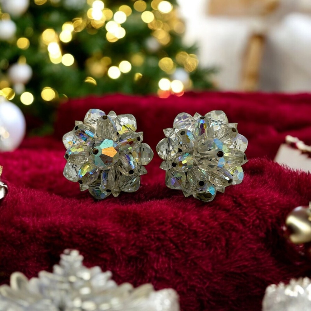 VTG LAGUNA Aurora Borealis Glass Beaded Snowflake Clip Earrings